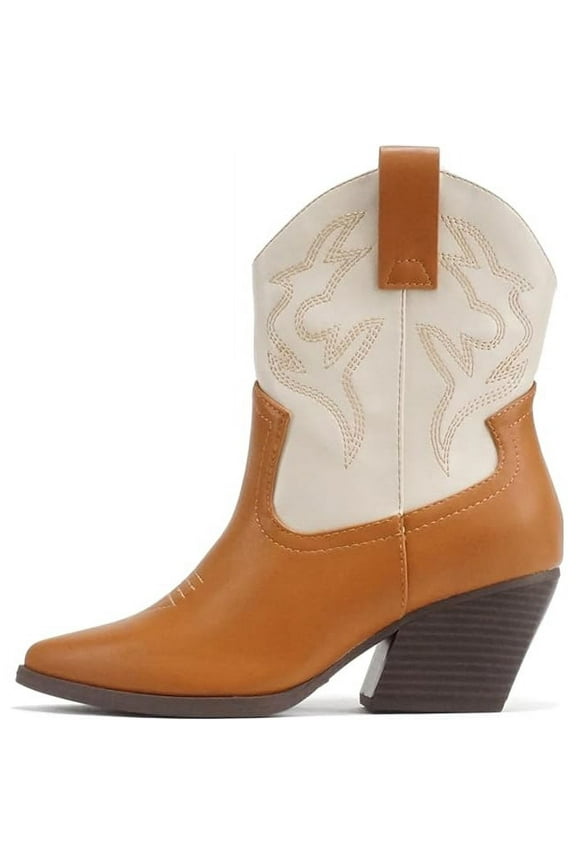 BLAZING Women's Western Ankle Boots, Stitched, Pointed Toe, Low Heel - Dark Blonde / Bone - Size 6