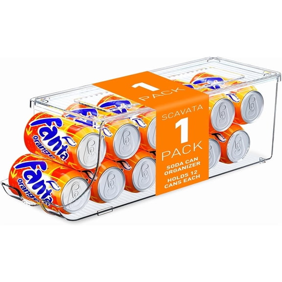 Soda Can Organizer for Refrigerator, Stackable Canned Food Pop Cans Container Can Holder Dispenser with Lid for Fridge Rack Freezer, Clear Storage Bins-Holds 12 Cans Each (One)