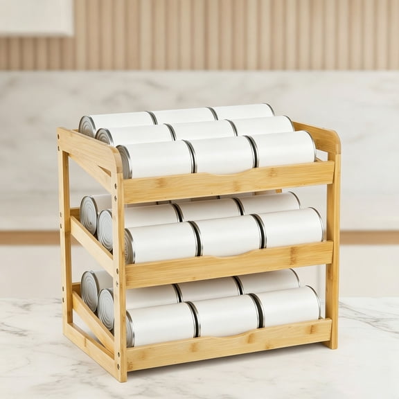 Soda Can Rack Organizer, 3 Tier Bamboo Stackable Can Goods Storage Dispenser Shelf Canned Food Holder Stand for Kitchen Countertop, Cabinet, Hold up to 36 Cans