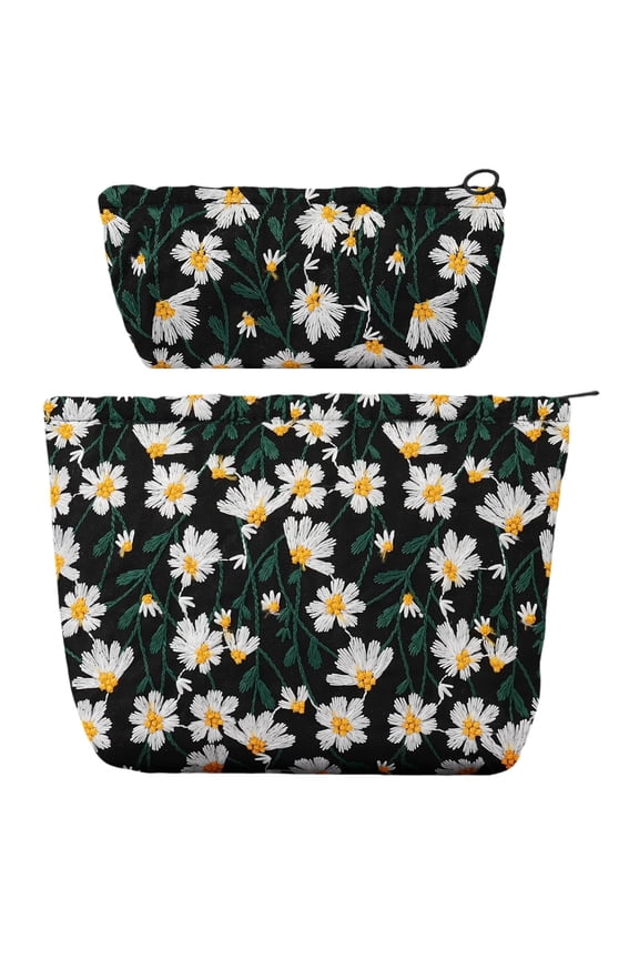 2 PCS Makeup Bag Large Cosmetic Bag with Small Makeup Pouch, Daisy Embroidery Craft Travel Toiletry Bag for Women