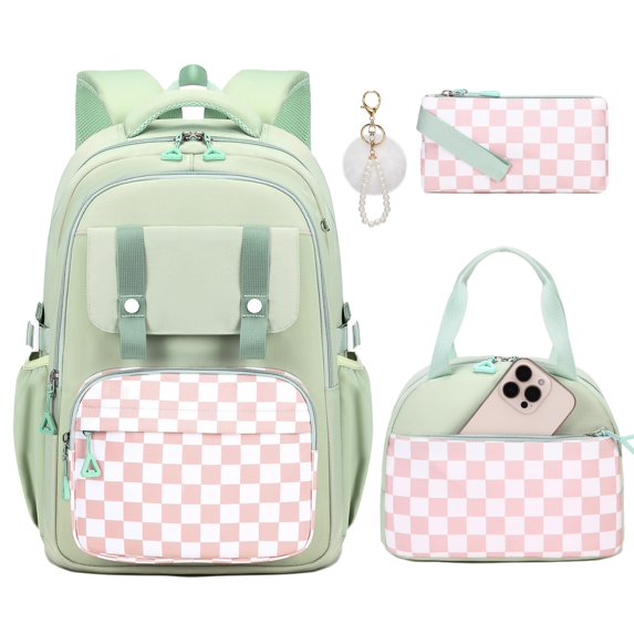 Soda Candy 3 Pcs Girls Backpack Set with Lunch Bag Pencil Case Elementary Middle School Backpacks for Kids Cute Kawaii Large Capacity Bookbag with Reflective Strip, Green