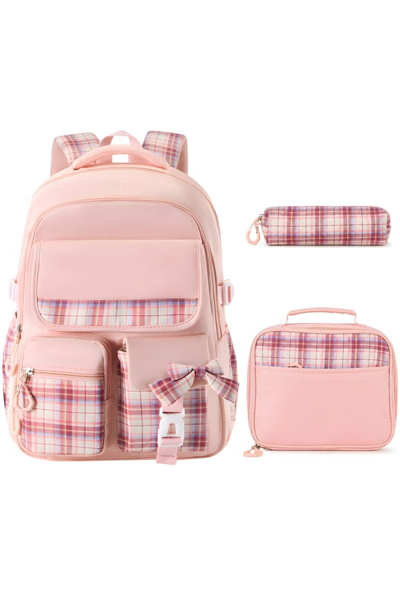 3 in 1 Kids Backpack Set Plaid Bow Design Water Resistant School Girls Bookbag with Lunch Bag Pencil Case