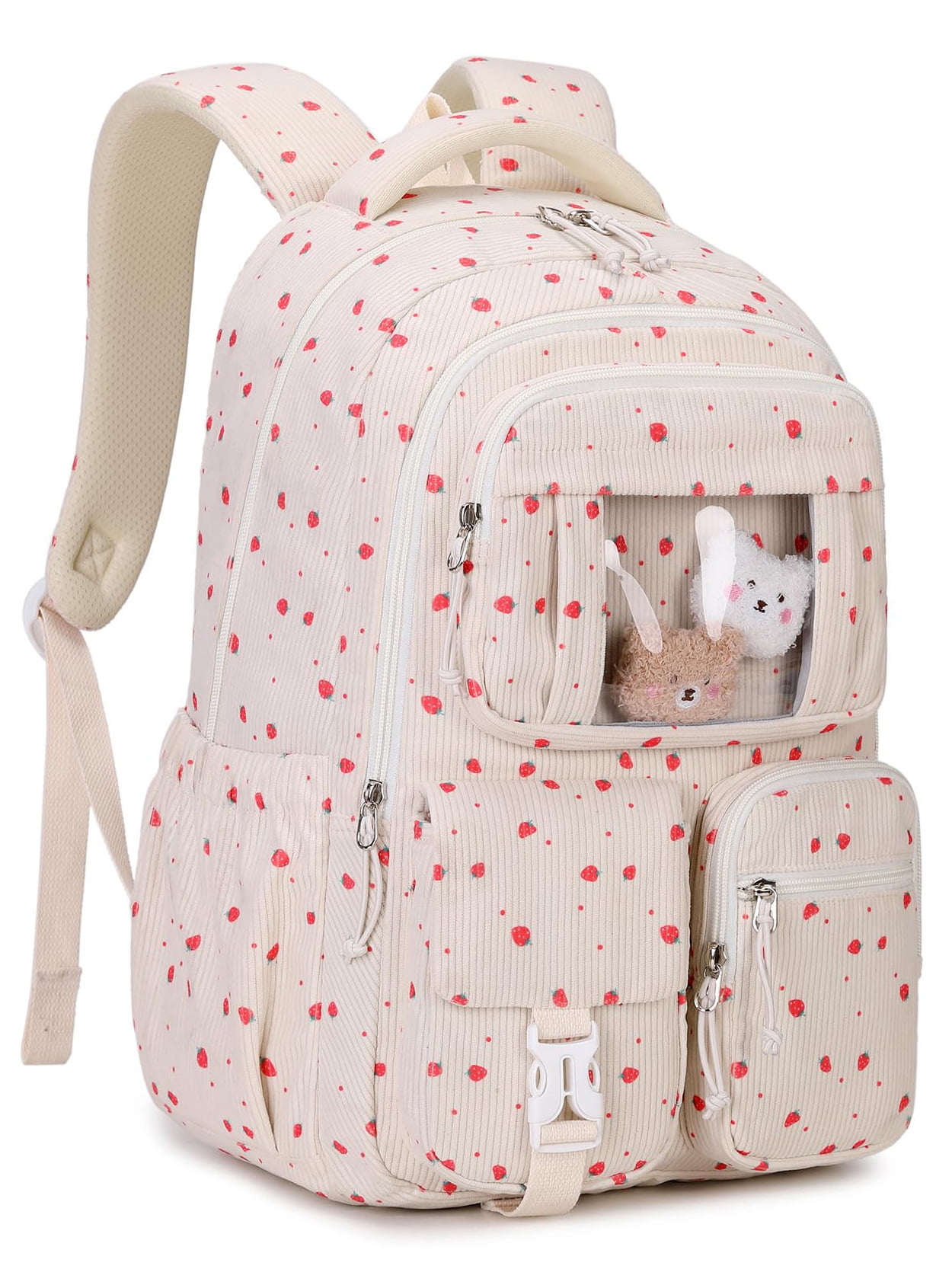 Soda Candy Corduroy School Backpack Cute Bookbag for Middle School Students Book Bag Kawaii Ita Backpacks with Reinforced Thick Strap, Biege Strawberry