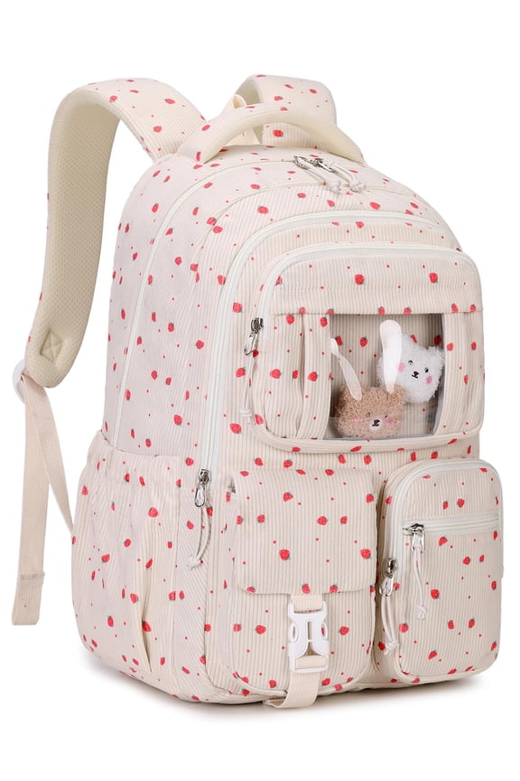 Corduroy School Backpack Cute Bookbag for Middle School Students Book Bag Kawaii Ita Backpacks with Reinforced Thick Strap, Biege Strawberry