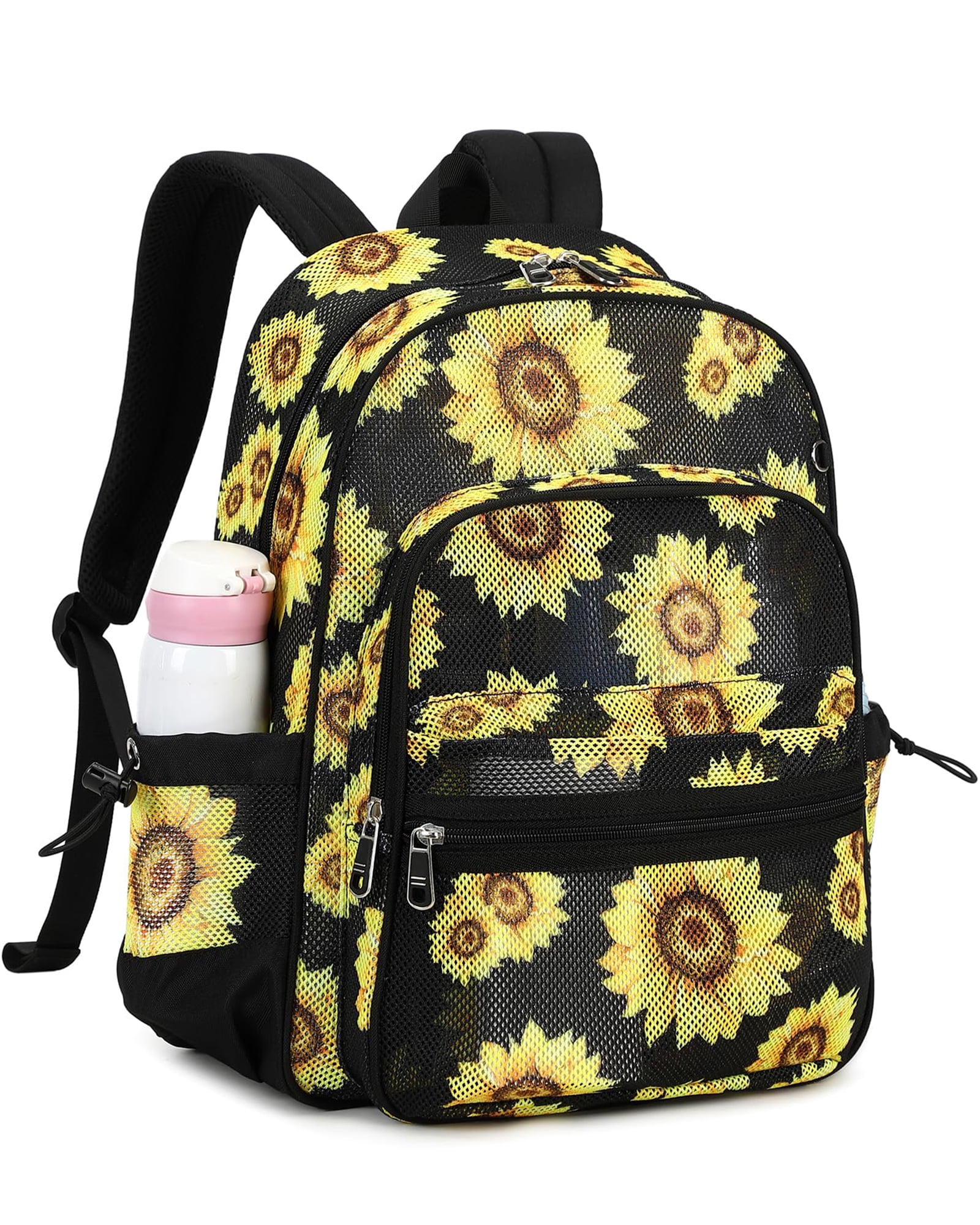 Soda Candy Mesh Backpack Heavy Duty See Through School Backpacks Transparent Bookbag Semi-Transparent Net Book Bags for Swimming, Beach, Sports, Work, Travel, Black Sunflower