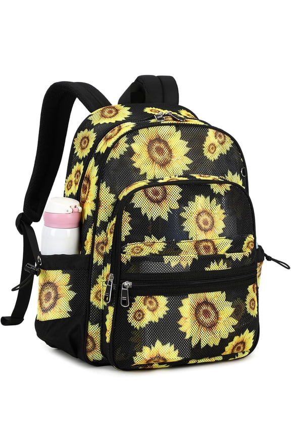 Mesh Backpack Heavy Duty See Through School Backpacks Transparent Bookbag Semi-Transparent Net Book Bags for Beach, Work, Black Sunflower