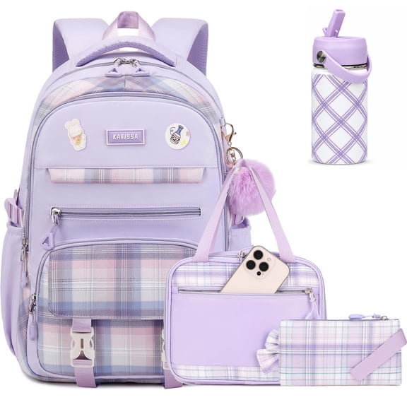 Soda Candy Backpack Set Plaid School Bookbag with Lunch Bag Pencil Case & Water Bottle