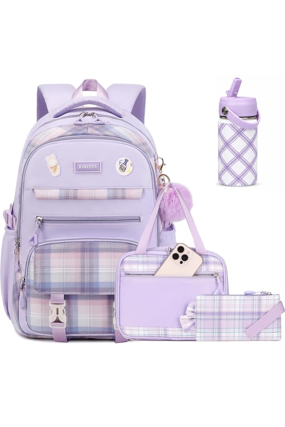 Backpack Set Plaid School Bookbag with Lunch Bag Pencil Case & Water Bottle