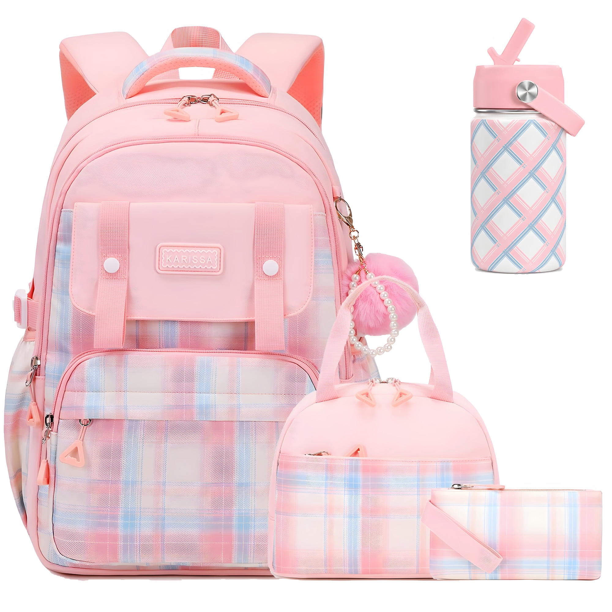 Soda Backpack Invention Soda Candy 4 in 1 School Backpack Set Plaid Bookbag with Insulated ...