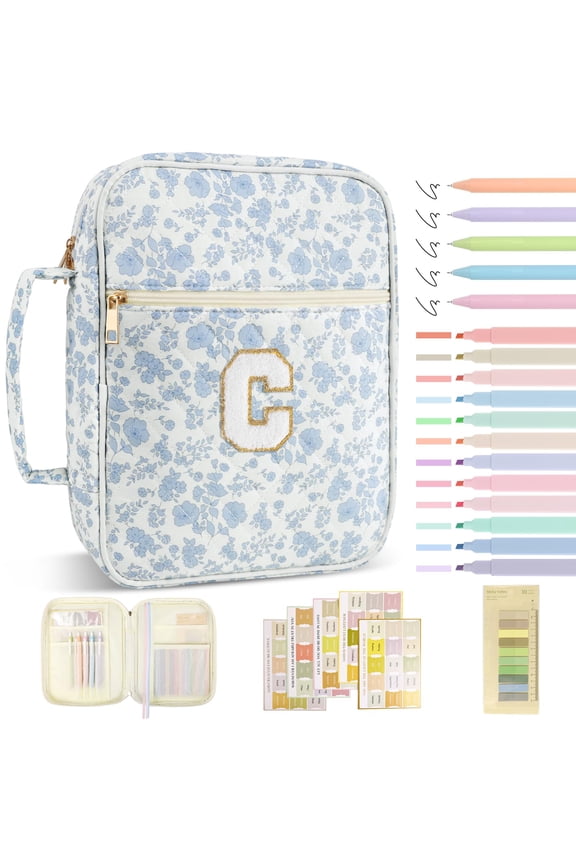 Personalized Initial Bible Cover Case for Women Large Quilted Tote Bible bag with Handle, Stylish Chenille Letter Bag Study Supplies, Perfect Christmas Gifts for Christians Women