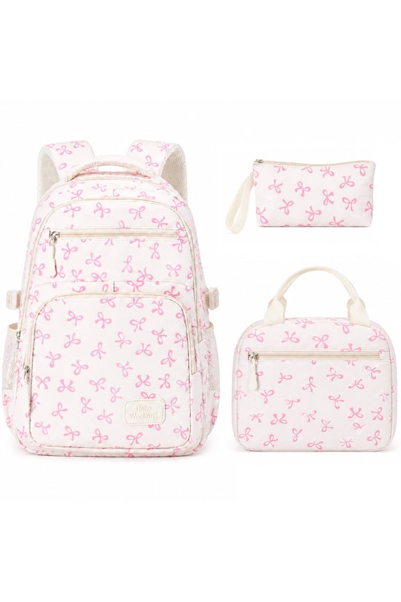 Girls Backpack Set 3pcs Coquette Bow School Bookbag for Kids Cute Kawaii Printed Book Bag with Lunch Bag Pencil Pouch