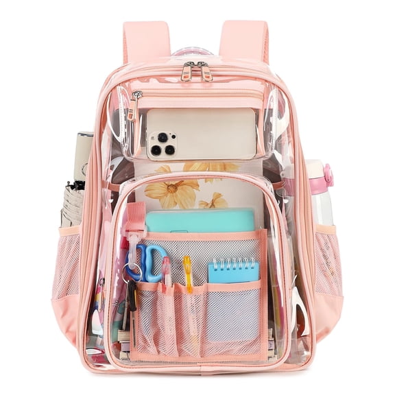 Soda Candy Clear Backpack Heavy Duty TPU Transparent Backpack Stadium Approved Large Waterproof Clear Book Bag Quick Security Check See Through Backpack with Reinforced Straps, Pink