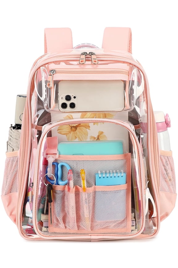 Clear Backpack Heavy Duty TPU Transparent Backpack Stadium Approved Large Waterproof Clear Book Bag Quick Security Check See Through Backpack with Reinforced Straps, Pink