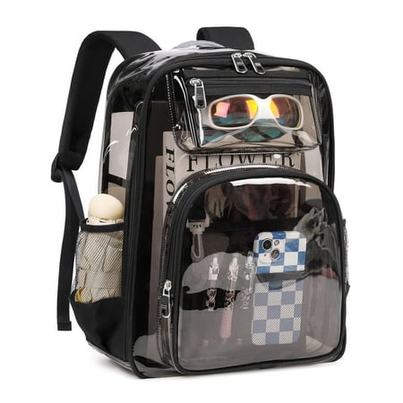 Soda Candy Clear Backpack Heavy Duty TPU Transparent Backpack Stadium Approved Large Waterproof Clear Book Bag Quick Security Check See Through Backpack with Reinforced Straps, Black TPU
