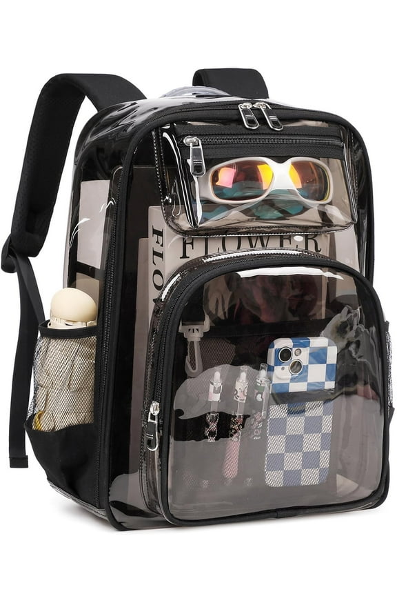 Clear Backpack Heavy Duty TPU Transparent Backpack Stadium Approved Large Waterproof Clear Book Bag Quick Security Check See Through Backpack with Reinforced Straps, Black TPU