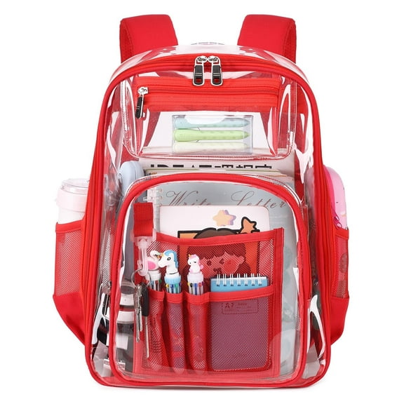 Soda Candy Clear Backpack Heavy Duty TPU Transparent Backpack Stadium Approved Large Waterproof Clear Book Bag Quick Security Check See Through Backpack with Reinforced Straps, Red