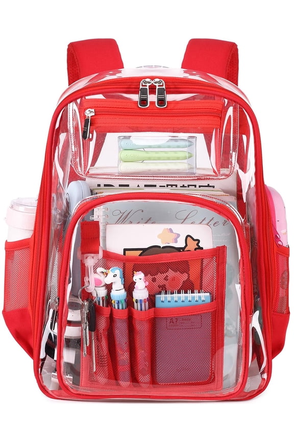 Clear Backpack Heavy Duty TPU Transparent Backpack Stadium Approved Large Waterproof Clear Book Bag Quick Security Check See Through Backpack with Reinforced Straps, Red