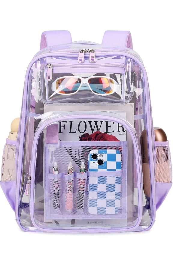 Clear Backpack Heavy Duty TPU Transparent Backpack Stadium Approved Large Waterproof Clear Book Bag Quick Security Check See Through Backpack with Reinforced Straps, Purple