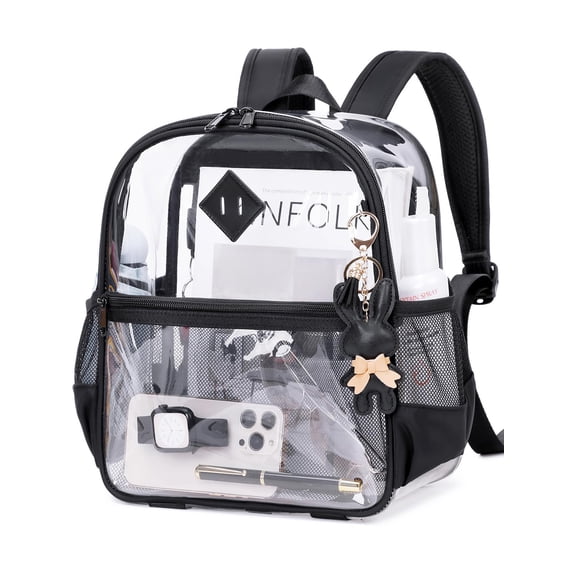 Soda Candy Clear Backpack for Stadium Events Approved 12×6×12", Thick PVC Mini Clear Bag with Front Pocket for Concert Sport Events Work Travel School, Black Transparent