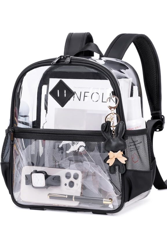 Clear Backpack for Stadium Events Approved 12×6×12", Thick PVC Mini Clear Bag with Front Pocket for Concert Sport Events Work Travel School, Black Transparent