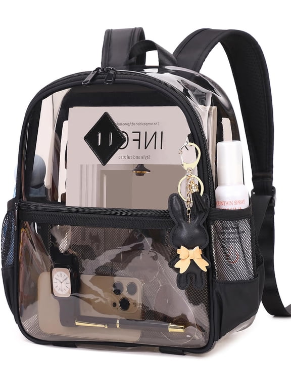 Clear Backpack for Stadium Events Approved 12×6×12", Thick PVC Mini Clear Bag with Front Pocket for Concert Sport Events Work Travel School, Black
