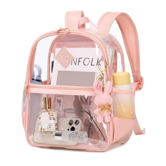 Soda Candy Clear Backpack for Stadium Events Approved 12×6×12", Thick PVC Mini Clear Bag with Front Pocket for Concert Sport Events Work Travel School, Pink