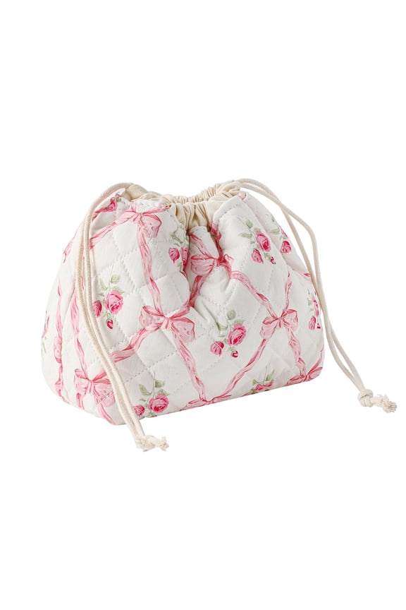 Makeup Bag Cotton Quilted Drawstring Cosmetic Bag with Canvas Coquette Aesthetic Cute Travel Toiletry Bag Travel Make Up Organizer Bag Drawstring Gift Bag for Women