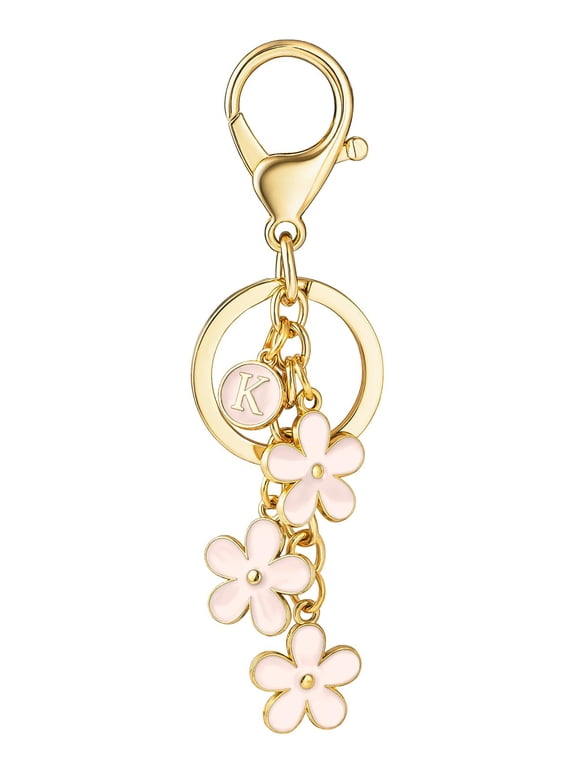 Initial Keychain Flower Keyring for Key Cute Letter Bag Charms for Handbag Backpack, Pink, K