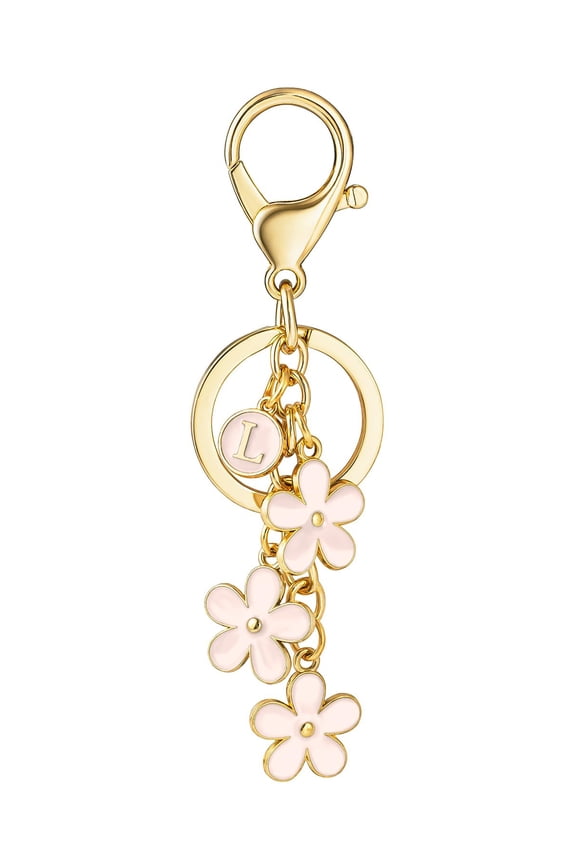 Initial Keychain Flower Keyring for Key Cute Letter Bag Charms for Handbag Backpack, Pink, L