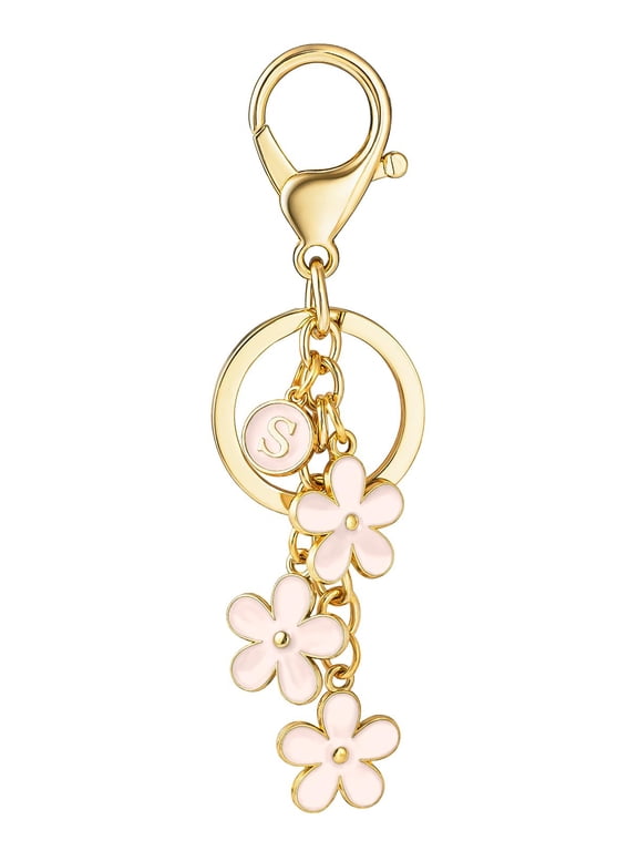 Initial Keychain Flower Keyring for Key Cute Letter Bag Charms for Handbag Backpack, Pink, S