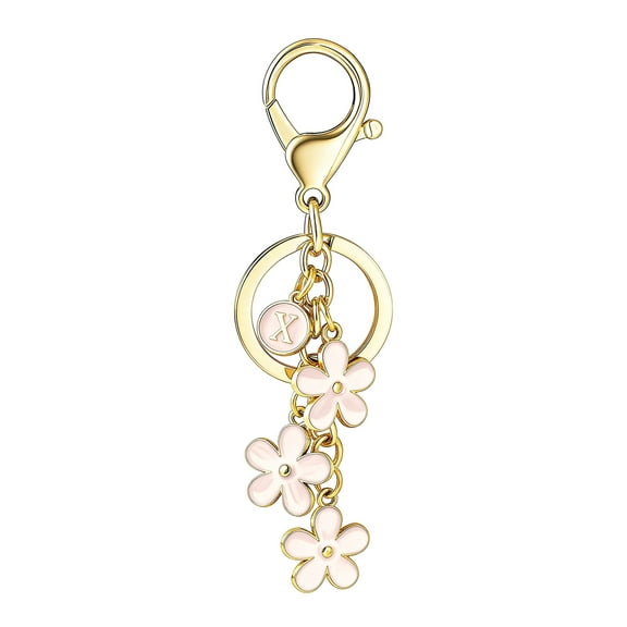 Soda Candy Initial Keychain Flower Keyring for Key Cute Letter Bag Charms for Handbag Backpack, Pink, X