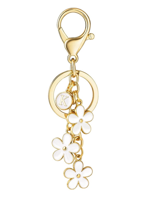 Initial Keychain Flower Keyring for Key Cute Letter Bag Charms for Handbag Backpack, White, K