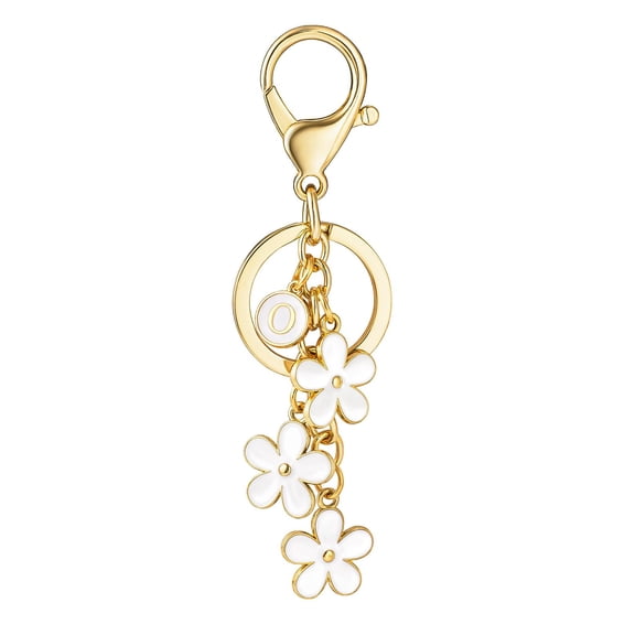 Soda Candy Initial Keychain Flower Keyring for Key Cute Letter Bag Charms for Handbag Backpack, White, O