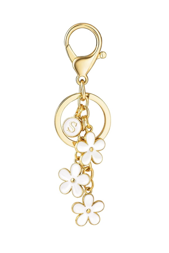 Initial Keychain Flower Keyring for Key Cute Letter Bag Charms for Handbag Backpack, White, S