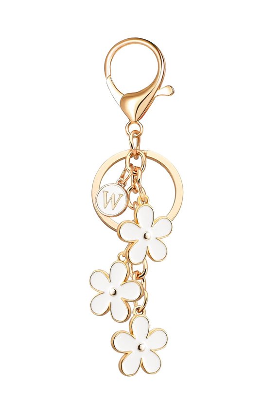 Initial Keychain Flower Keyring for Key Cute Letter Bag Charms for Handbag Backpack, White, W