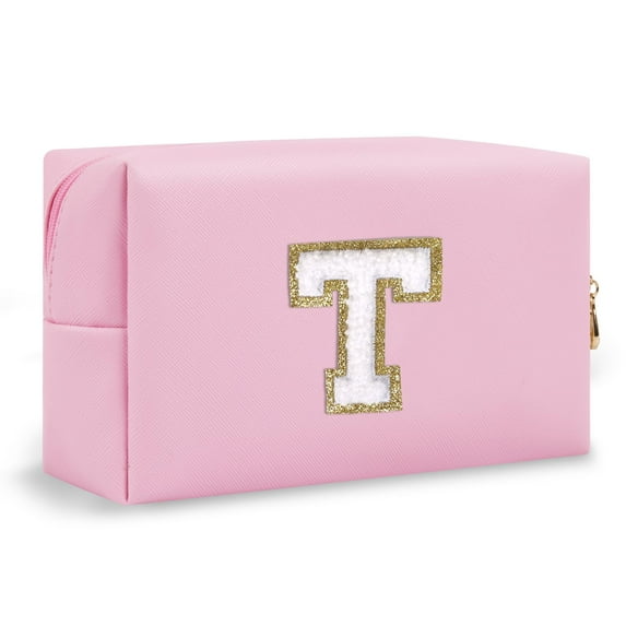 Soda Candy Initial Small Makeup Bag Personalized A-Z Chenille Preppy Patch Makeup Pouch Cute Toiletry Bag for Women Mom PU Cosmetic Bag for Purse Birthday Xmas Valentine Gift, T