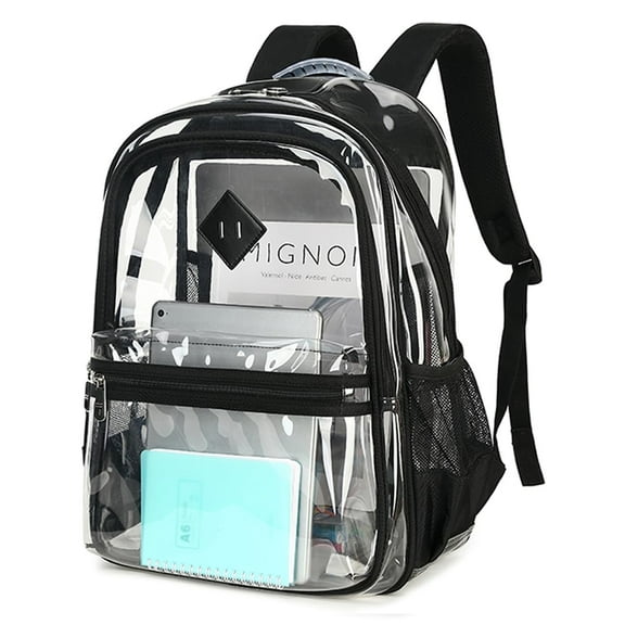 Soda Candy Large Clear Backpack Heavy Duty Triple Compartments Waterproof PVC Transparent Backpacks See Through Clear Bookbags for Teen Women Men for Stadium Events College Work Festival, Black