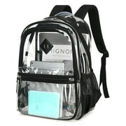 Soda Candy Large Clear Backpack Heavy Duty Triple Compartments Waterproof PVC Transparent Backpacks See Through Clear Bookbags for Teen Women Men for Stadium Events College Work Festival, Black