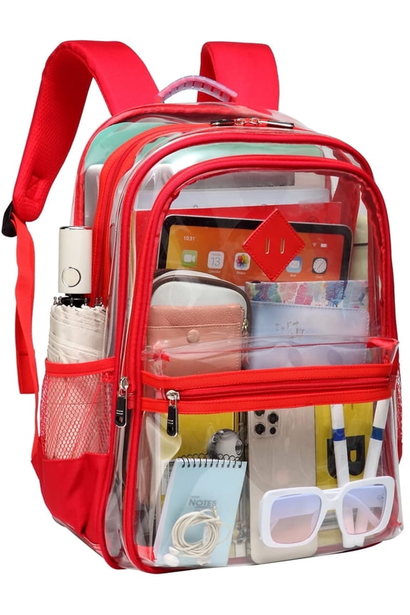 Large Clear Backpack Heavy Duty Triple Compartments Waterproof PVC Transparent Backpacks See Through Clear Bookbags for Teen Women Men for Stadium Events College Work Festival, Red