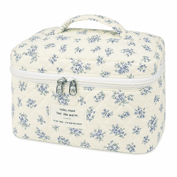 Soda Candy Large Makeup Bag Cute Floral Cosmetic Bag for Women Coquette Aesthetic Cotton Toiletry Bag, Travel Make Up Organizer Bag, Blue Flower
