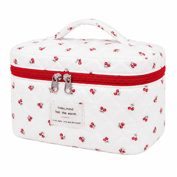 Soda Candy Large Makeup Bag Cute Floral Cosmetic Bag for Women Coquette Aesthetic Cotton Toiletry Bag, Travel Make Up Organizer Bag, Red Cherry