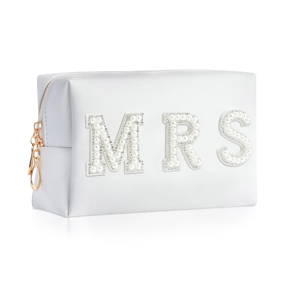 Soda Candy MRS Letter Makeup Bag Bride To Be Gifts Bling Pearl Rhinestone Patch Cosmetic Bag, Waterproof PU Travel Toiletry Bag for Bachelorette Party Women Wedding Bridal