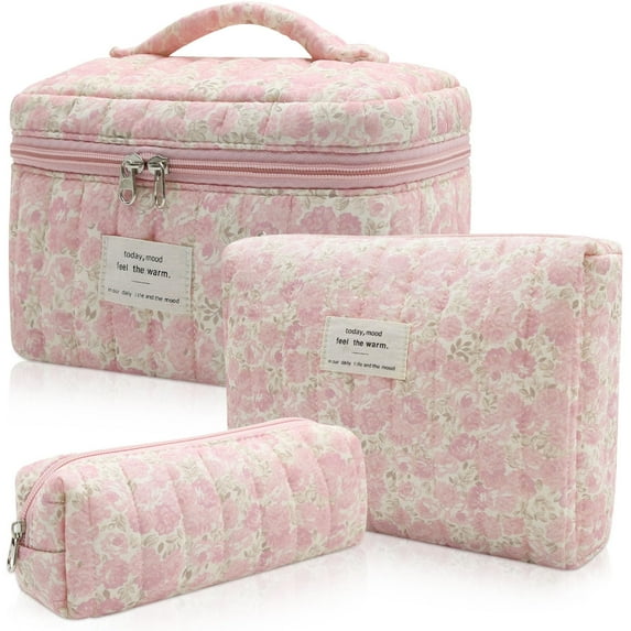 Soda Candy Makeup Bag Large Quilted Cosmetic Bag Floral Make up Bag for Women Cute Cotton Makeup Bag Set Travel Toiletry Organizer Bag, Pink Crushed Flower