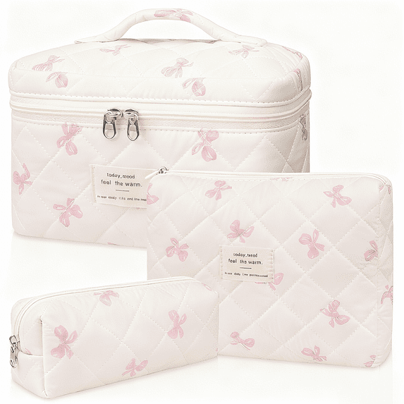 Soda Candy Makeup Bag Large Quilted Cosmetic Bag Floral Make up Bag for Women Cute Cotton Makeup Bag Set Travel Toiletry Organizer Bag, Bow Tie