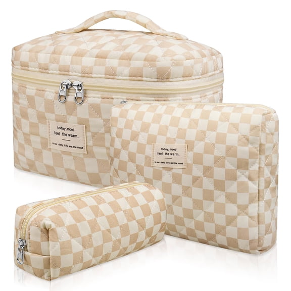 Soda Candy Makeup Bag Large Quilted Cosmetic Bag Floral Make up Bag for Women Cute Cotton Makeup Bag Set Travel Toiletry Organizer Bag, Checkered