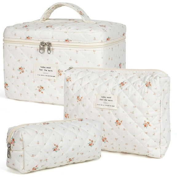 Soda Candy Makeup Bag Large Quilted Cosmetic Bag Floral Make up Bag for Women Cute Cotton Makeup Bag Set Travel Toiletry Organizer Bag, Small Flower