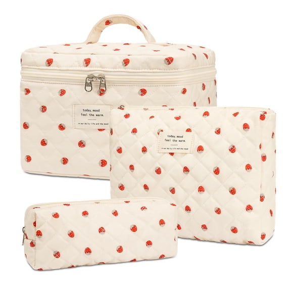 Soda Candy Makeup Bag Large Quilted Cosmetic Bag Floral Make up Bag for Women Cute Cotton Makeup Bag Set Travel Toiletry Organizer Bag, Strawberries