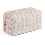 Soda Candy Quilted Makeup Bag Travel Toiletry Bag for Women Cute Floral Flowers Cosmetic Bag Cotton Makeup Pouch Zipper Portable Storage Small Travel Bag Pencil Bag
