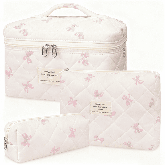 Soda Candy Makeup Bag Large Quilted Cosmetic Bag Floral Make up Bag for Women Cute Cotton Makeup Bag Set Travel Toiletry Organizer Bag, Bow Tie
