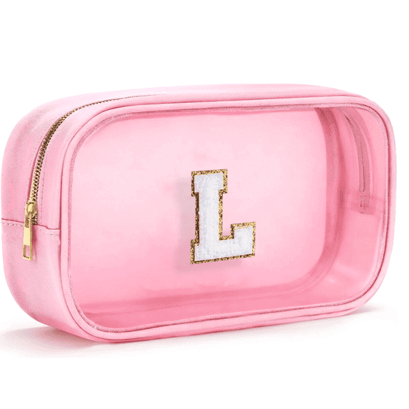 Soda Candy Initial Clear Makeup Bag Personalized Preppy Cosmetic Bag Travel Toiletry Bag Waterproof PU Large Make up Pouch Bag for Purse Birthday Xmas Gift Cute Stuff for Women, Pink, L